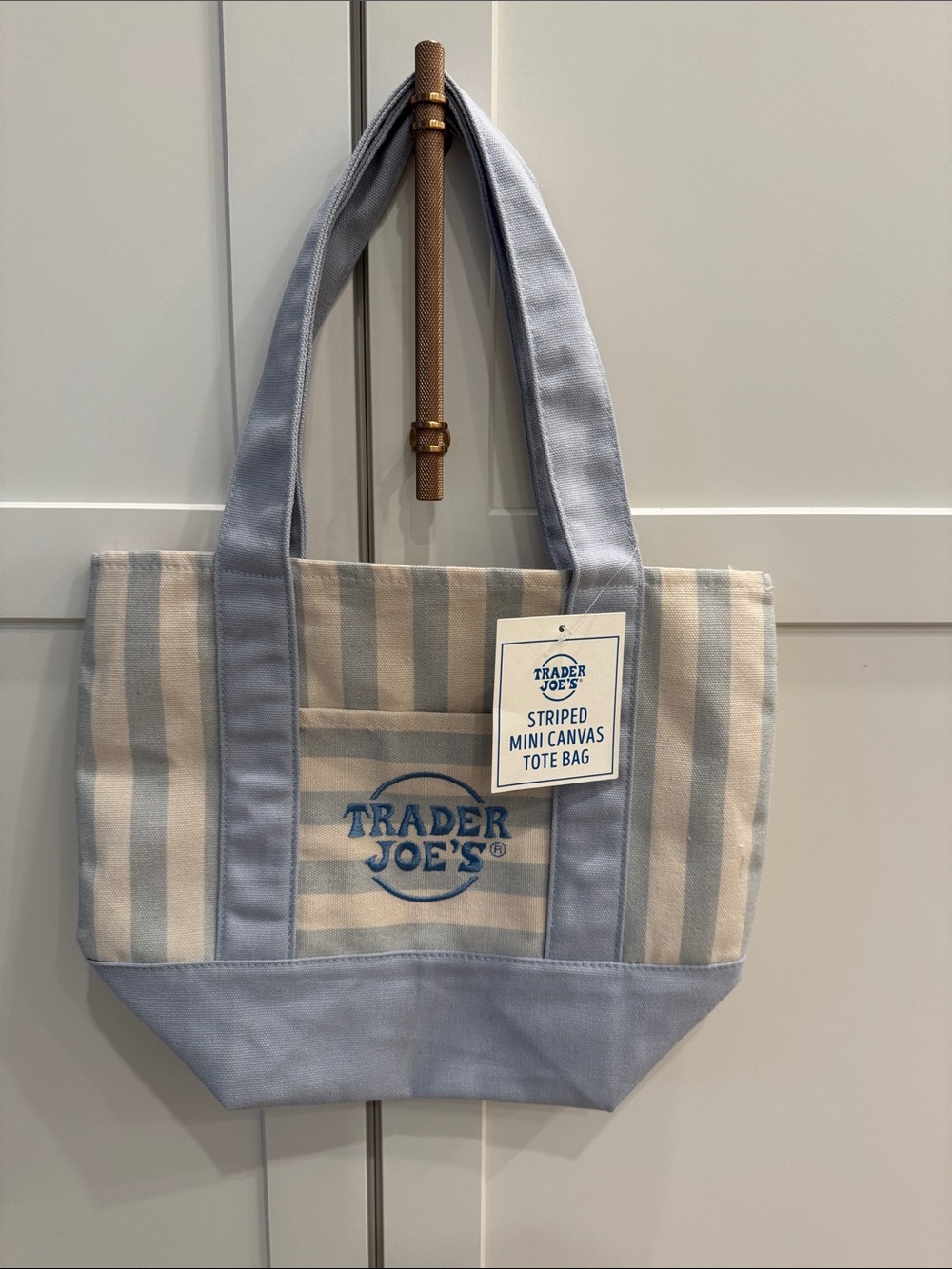 Trader Joe's Blue and Cream Striped Canvas Tote Bag